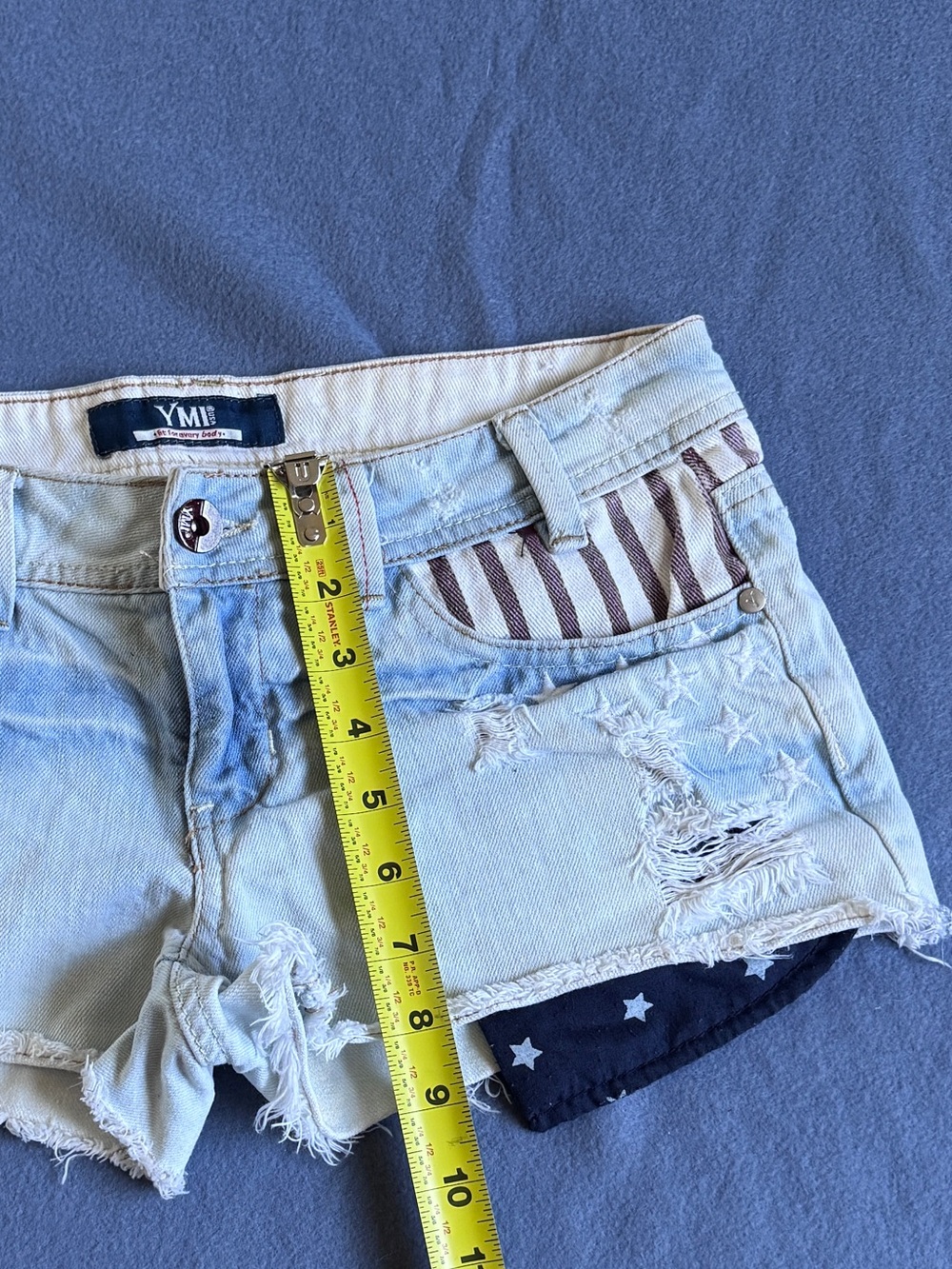 Distressed Denim Shorts with Flag Pocket & Star Details - Picture 2 of 7